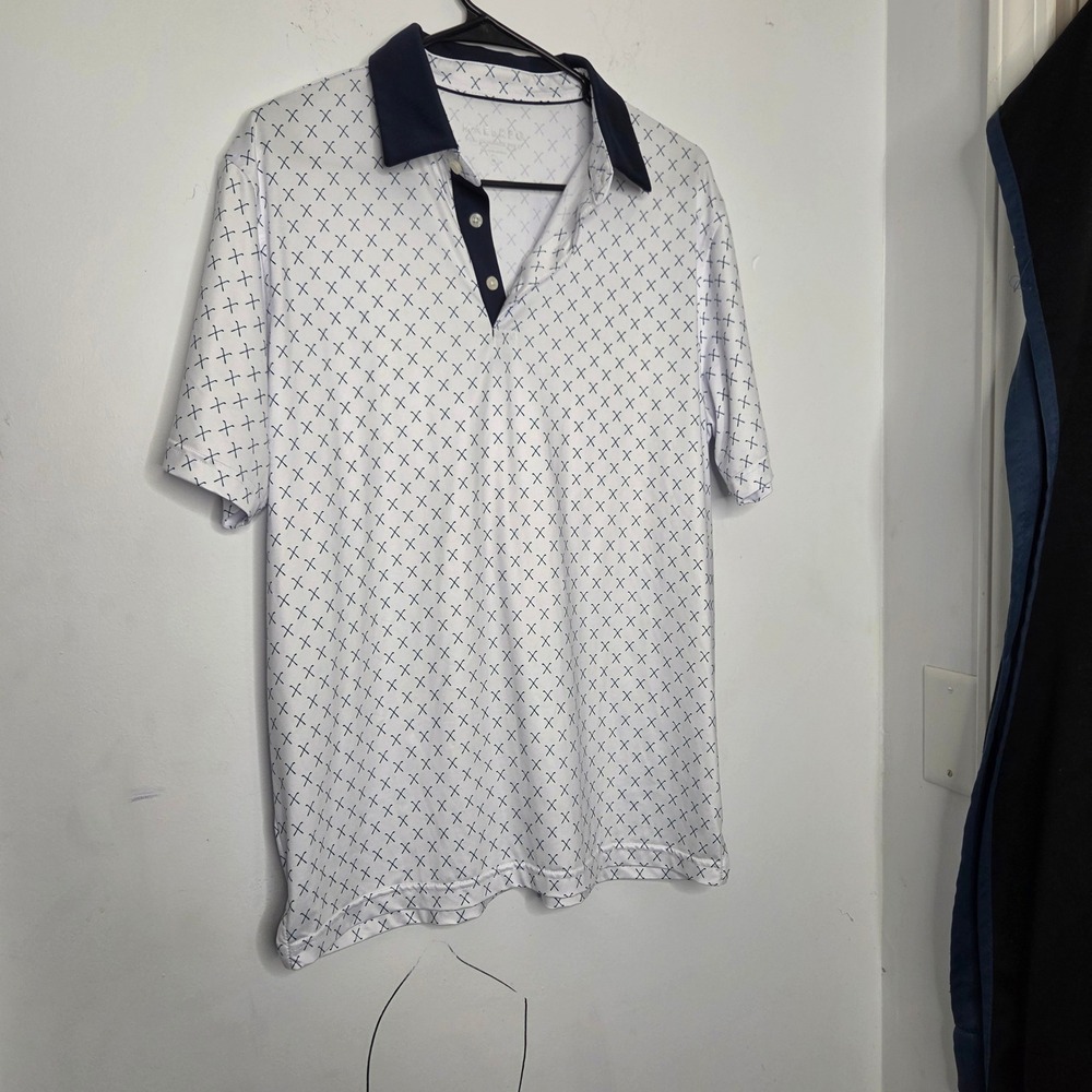 MAELREG Mens Performance Polo Shirt White Navy Blue Geometric Cross Print Size M